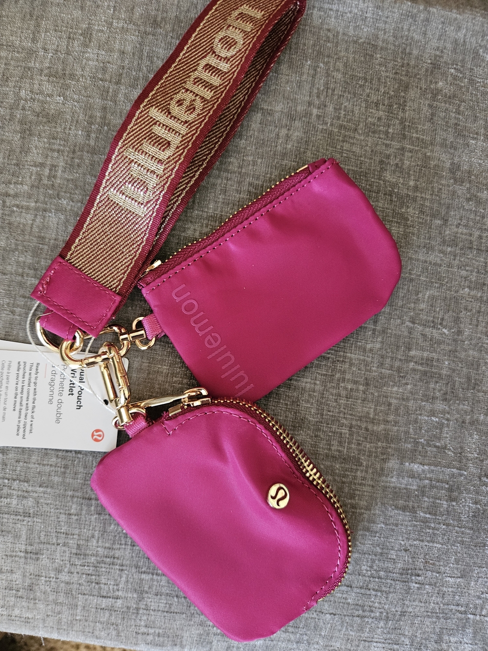 lululemon fuchsia pink wristlet keychain set with gold hardware